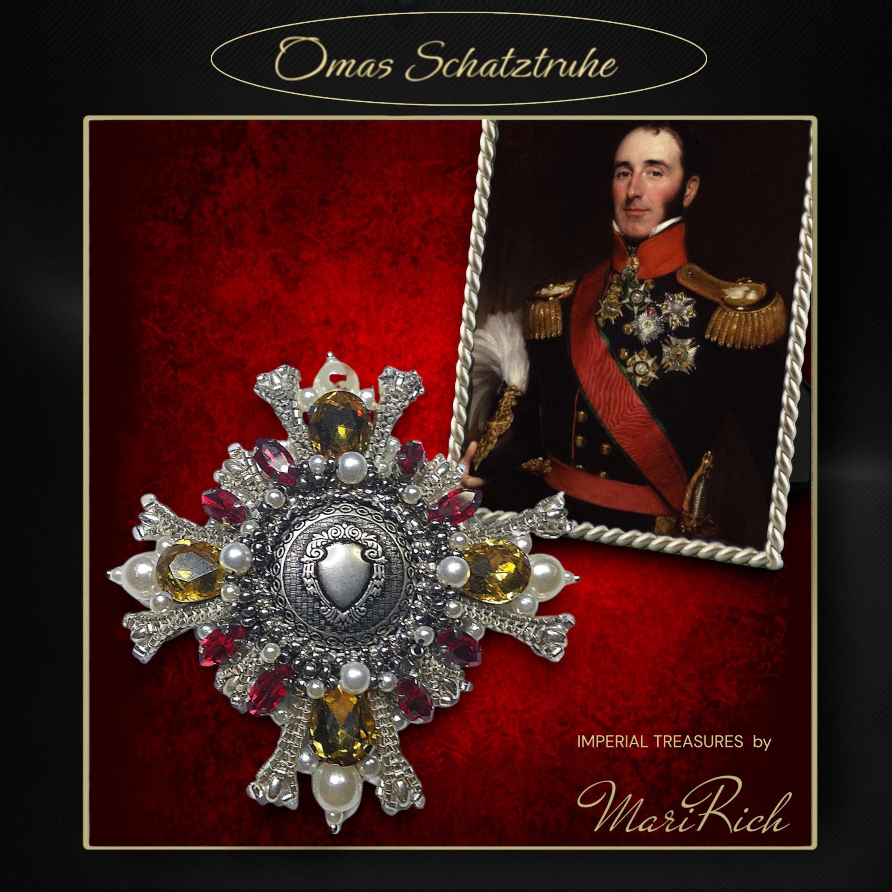 Large Maltese cross with coat of arms, Imperial Order replica, medal for wedding in Victorian style. Design by MariRich. Trend 2025. Unique