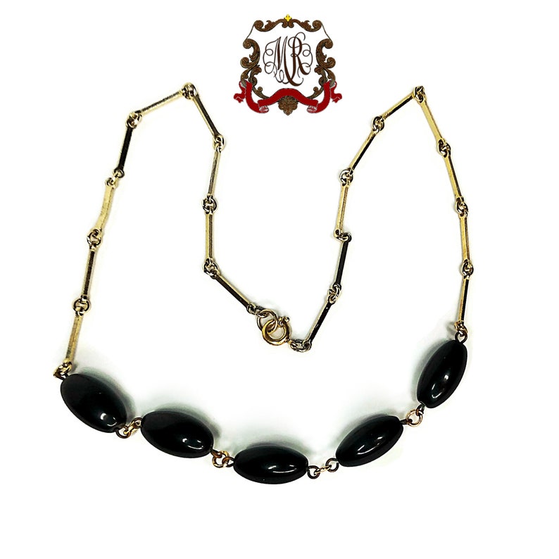 Vintage delicate necklace with black glass beads /& gold plated 8 kt chain pins Old unique pearl necklace in original condition30s