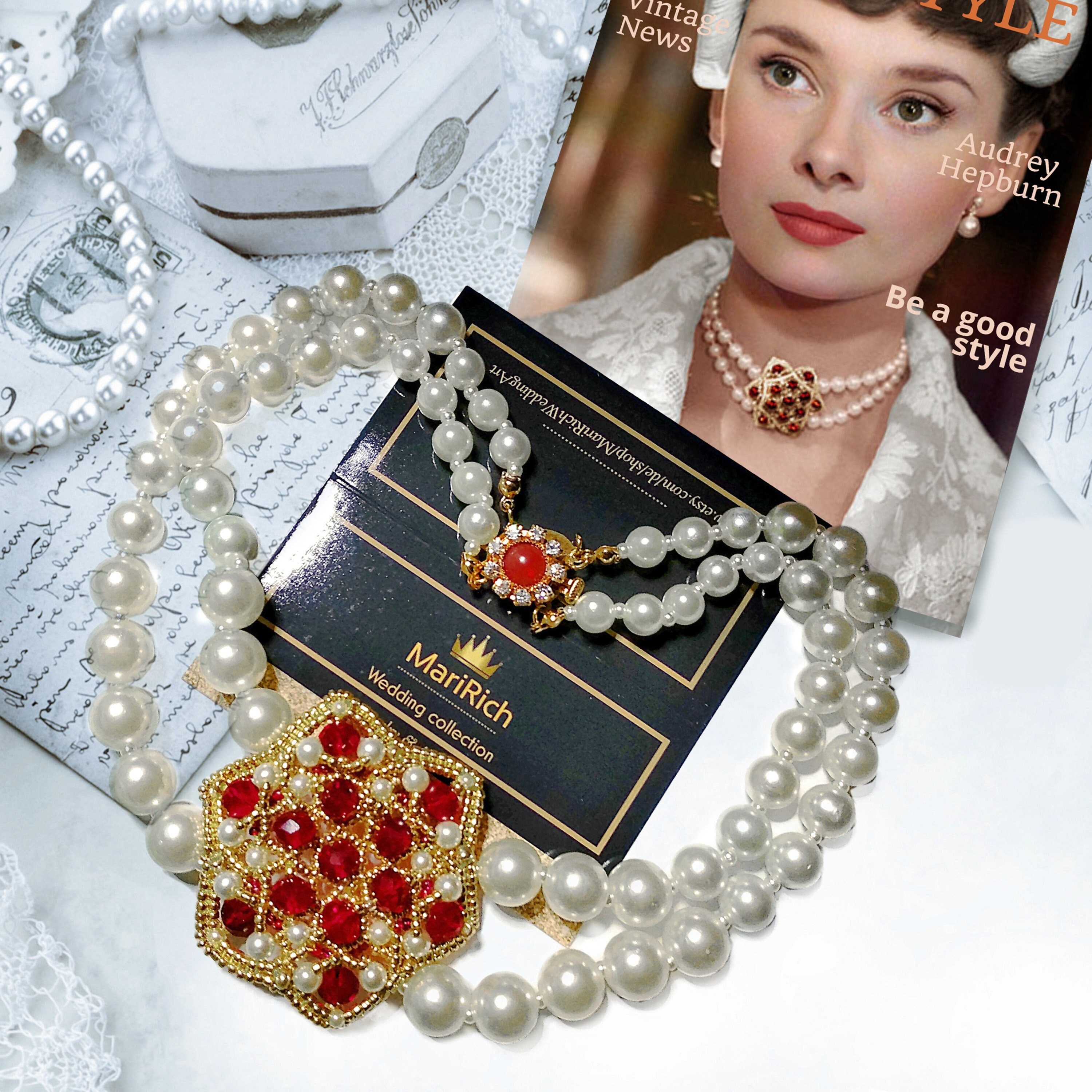 Pearl Choker in AUDREY HEPBURN Style, 2-row Pearl Necklace