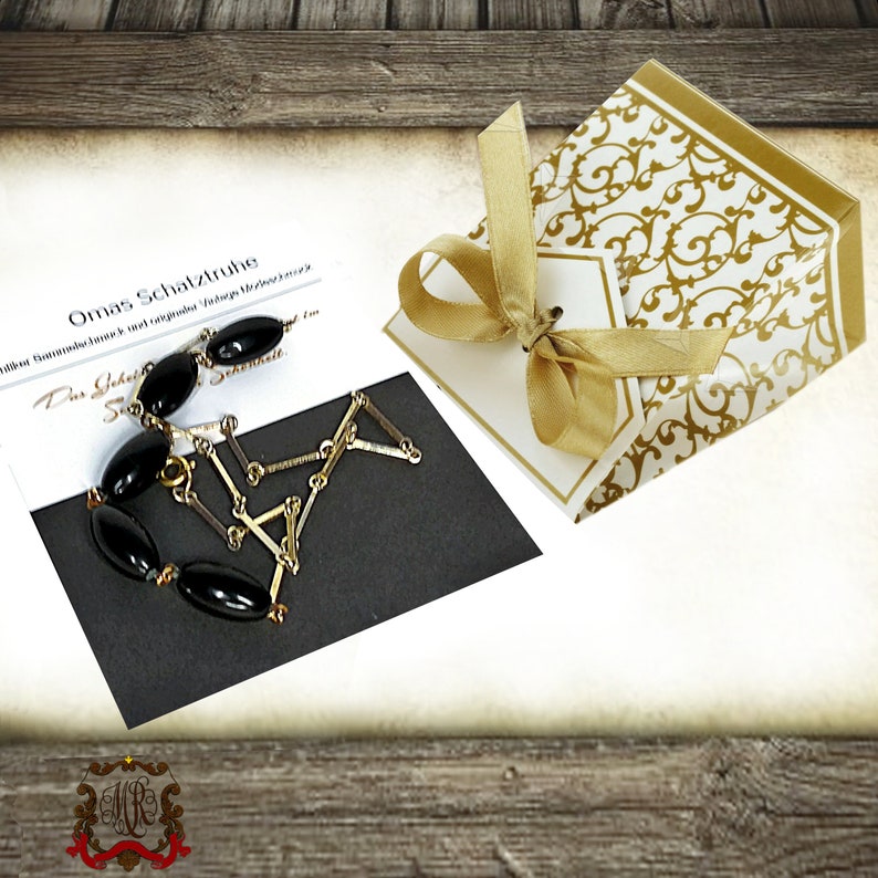 Vintage delicate necklace with black glass beads /& gold plated 8 kt chain pins Old unique pearl necklace in original condition30s