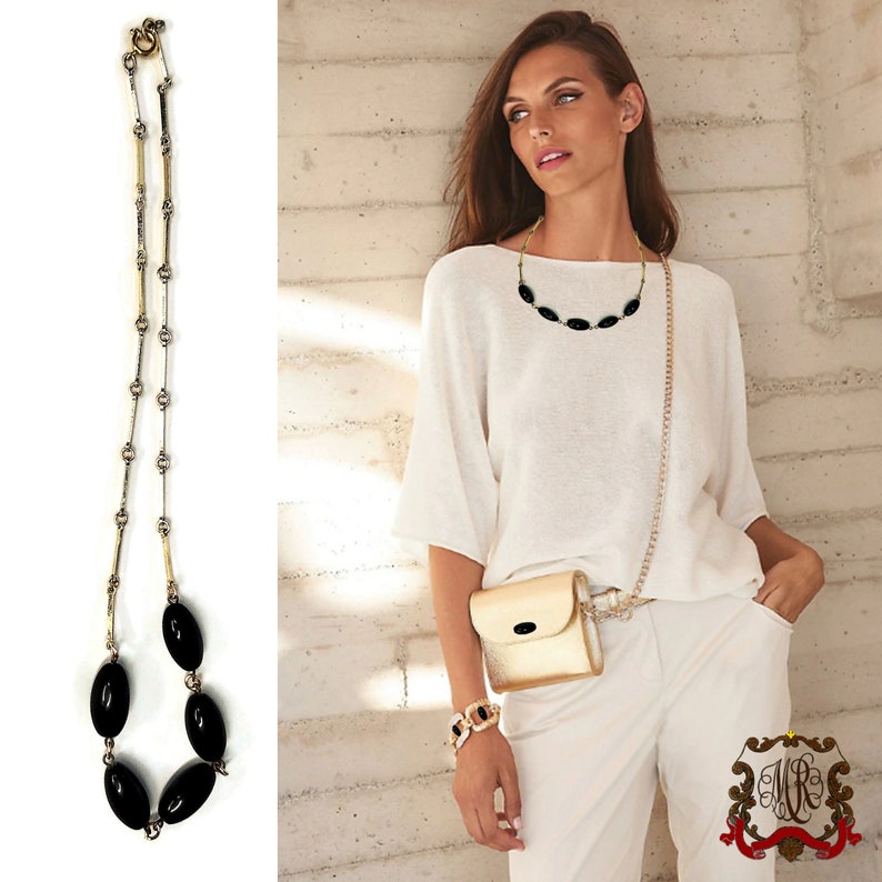 Vintage delicate necklace with black glass beads /& gold plated 8 kt chain pins Old unique pearl necklace in original condition30s