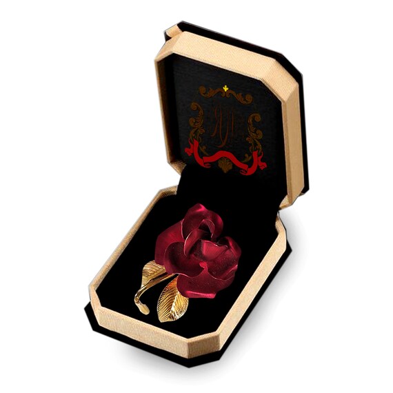 Designer GERRITO red silky rose brooch, signed co… - image 4