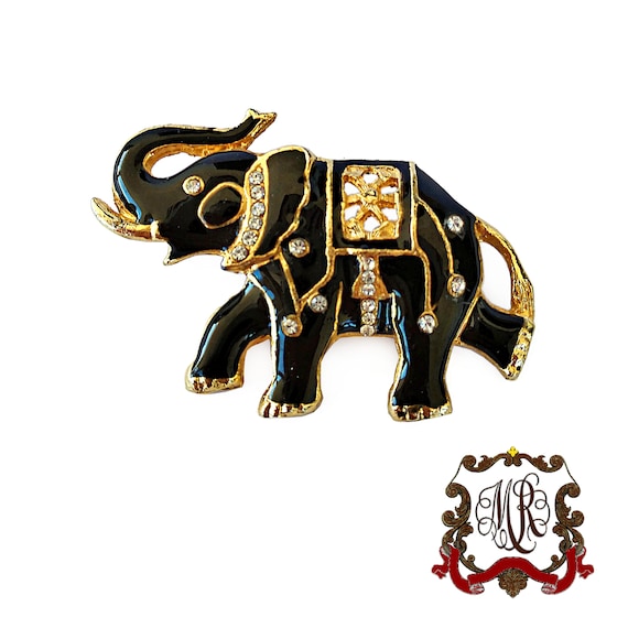 Elephant brooch with black enamel, 8kt gold plati… - image 2