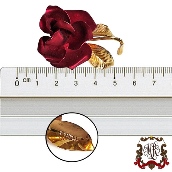 Designer GERRITO red silky rose brooch, signed co… - image 6