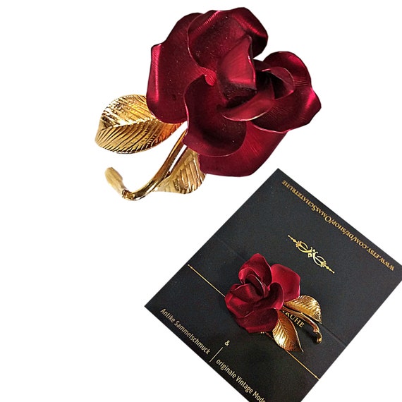 Designer GERRITO red silky rose brooch, signed co… - image 2
