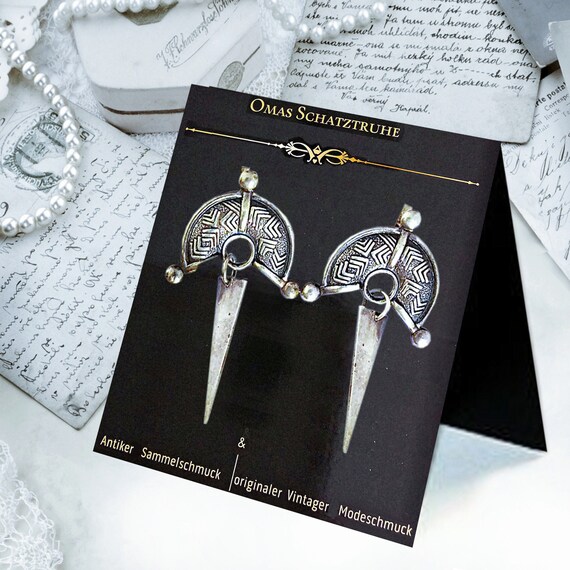 Large Ethnic 925 Silver Earrings. Vintage Geometric Dangle
