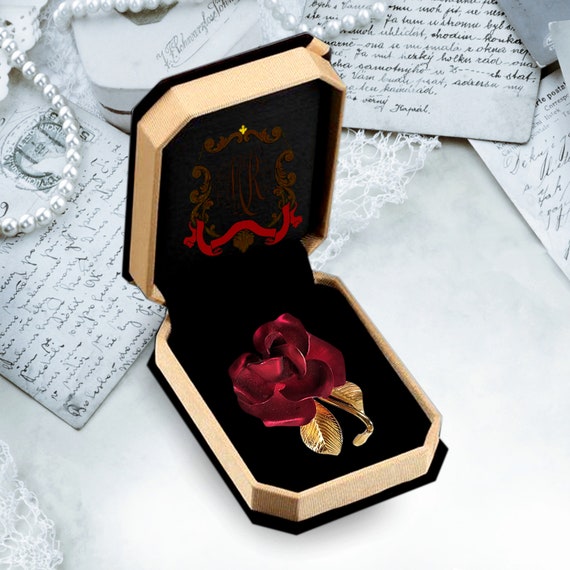 Designer GERRITO red silky rose brooch, signed co… - image 10