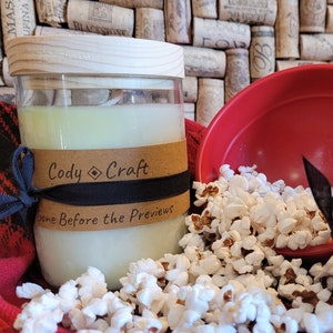 Buttered Popcorn 'Gone Before the Previews' Natural Soy Candles in Recycled Wine Bottle and Reclaimed Wood Containers