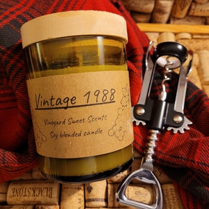 Vintage 1988 Wine Themed Natural Soy Candles in Recycled Wine Bottle and Reclaimed Wood Containers