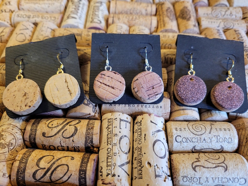 Wine Cork Earrings: Recycled Cork Jewelry, Naturally Stained image 1