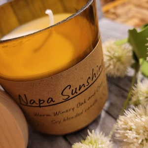 Napa Sunshine Wine Themed Natural Soy Candles in Recycled Wine Bottle and Reclaimed Wood Containers