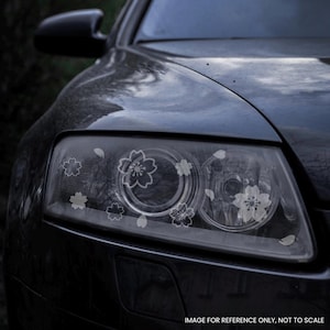 May include: A close-up of a dark car headlight adorned with white cherry blossom decals. The decals feature full blossoms and individual petals. The image is for reference only, not to scale.