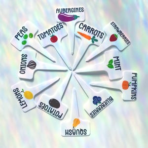 May include: White plastic garden labels displaying names of vegetables and herbs such as "Aubergines," "Onions," and "Blueberries." Each label has a matching illustration. Perfect for identifying plants in a garden.
