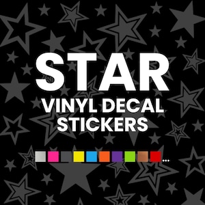 May include: A black background featuring a repeating pattern of grey outlined stars. The white text reads STAR VINYL DECAL STICKERS. Below the text is a horizontal row of small coloured squares in silver, pink, dark grey, yellow, blue, orange, purple, green, copper, and red.