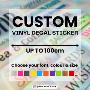 May include: A custom vinyl decal sticker with text reading CUSTOM VINYL DECAL STICKER, UP TO 100cm, and Choose your font, colour & size. Below the text are eleven small coloured squares in silver, pink, grey, yellow, blue, orange, purple, green, copper, and red.