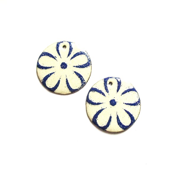 cuivre émaillé, breloque ronde motif fleur, taille 23mm, composants pour boucles d'oreilles, fait main