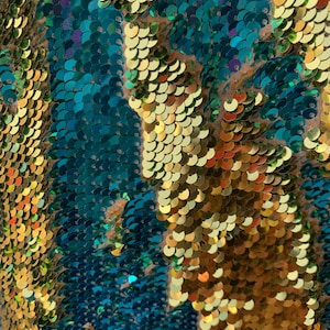Storm TEAL GOLD Mermaid Two Tone Flip Up Reversible Sequins Fabric by the Yard for Costumes, Home Decor, Gown, Crafts