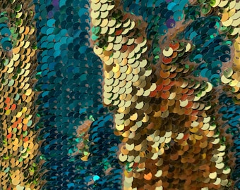 ストーム ティールゴールド マーメイド ツートン フリップアップ リバーシブル スパンコール生地 1ヤードあたり コスチューム、ホームデコレーション、ガウン、クラフト用