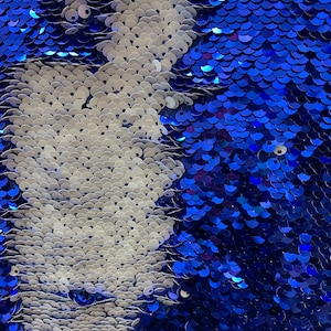 Storm ROYAL BLUE WHITE Mermaid Two Tone Flip Up Reversible Sequins Fabric by the Yard for Costumes, Home Decor, Gown, Crafts