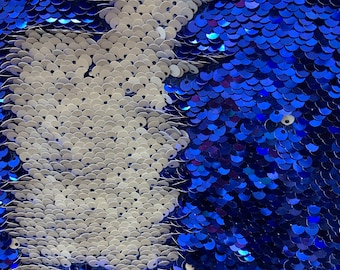 Storm ROYAL BLUE WHITE Mermaid Two Tone Flip Up Reversible Sequins Fabric by the Yard for Costumes, Home Decor, Gown, Crafts