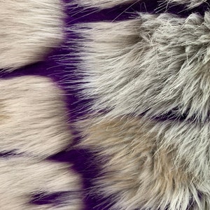 May include: Close-up of a purple fabric with a white and brown faux fur trim. The fur is soft and fluffy, and the fabric is smooth and velvety.