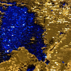 Storm GOLD ROYAL BLUE Mermaid Two Tone Flip Up Reversible Sequins Fabric by the Yard for Costumes, Home Decor, Gown, Crafts