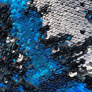 Storm BLUE BLACK Mermaid Two Tone Flip Up Reversible Sequins Fabric by the Yard for Costumes, Home Decor, Gown, Crafts