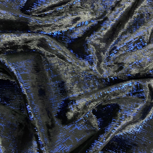Olivia BLACK with BLUE METALLIC Polyester Crushed Stretch Velvet Fabric by the Yard for Dresses, Headwraps, Scrunchies, Ribbons, Crafts