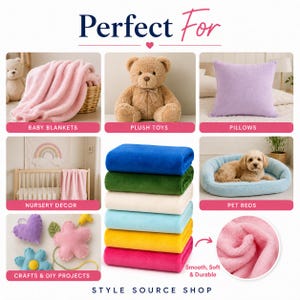 Collage featuring folded Lara Smooth Minky Fabric in blue, green, white, light blue, yellow, and pink. Surrounding project examples show the fabric used for baby blankets, plush toys, pillows, nursery decor, pet beds, and crafts.