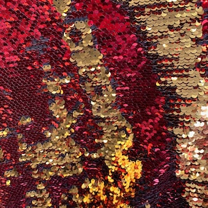 Storm RED GOLD Mermaid Two Tone Flip Up Reversible Sequins Fabric by the Yard for Costumes, Home Decor, Gown, Crafts