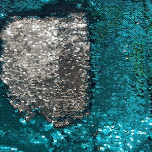 Storm TEAL BLUE SILVER Mermaid Two Tone Flip Up Reversible Sequins Fabric by the Yard for Costumes, Home Decor, Gown, Crafts