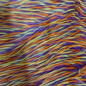 May include: Multicolored faux fur fabric with stripes of purple, orange, and lime green.
