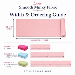 Lara Smooth Minky Fabric width and ordering guide showing a pink fabric roll that is 58–60 inches wide, with 36 inches equal to 1 yard. Visual examples show quantity 1 as 36 inches, quantity 2 as 72 inches, and quantity 3 as 108 inches.