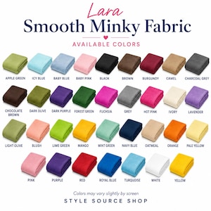 Lara Smooth Minky Fabric color chart showing 32 folded fabric swatches in assorted solid colors, including apple green, icy blue, baby blue, pink, black, brown, burgundy, camel, charcoal grey, chocolate, olive, purple, and more.