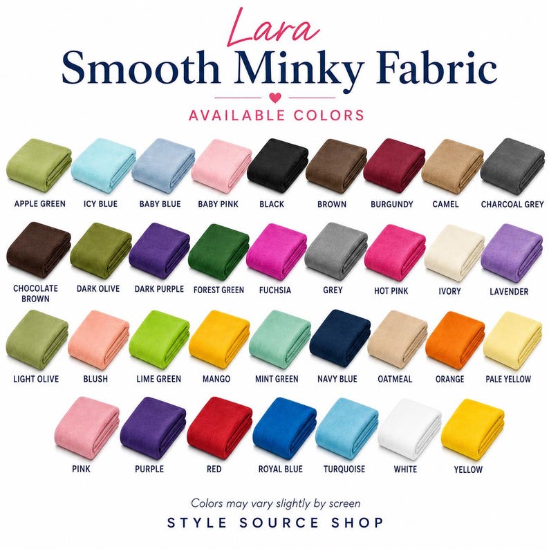 Lara Smooth Minky Fabric color chart showing 32 folded fabric swatches in assorted solid colors, including apple green, icy blue, baby blue, pink, black, brown, burgundy, camel, charcoal grey, chocolate, olive, purple, and more.