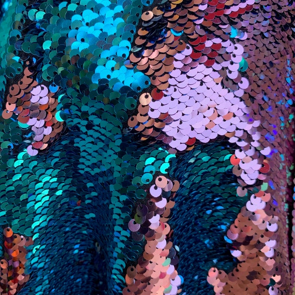 Storm PINK TURQUOISE Mermaid Two Tone Flip Up Reversible Sequins Fabric by the Yard for Costumes, Home Decor, Gown, Crafts