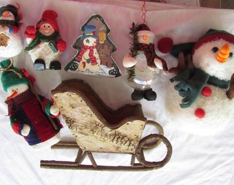 Vintage Lot of Christmas Snowmen Decorations and Wooden Sleigh