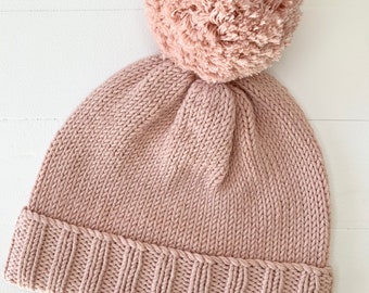 Organic 100% Cotton hand knitted  Pom Pom Beanie Hat (Newborn/Baby/Toddler) - Fairy Floss