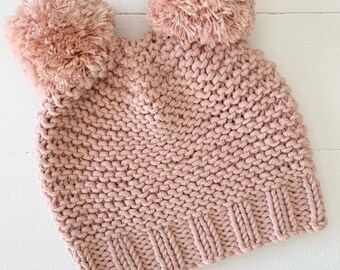 Organic 100% Cotton hand knitted ‘Double Scoop’ Pom Pom Beanie Hat (Newborn/Baby/Toddler) - 10 Colours Available