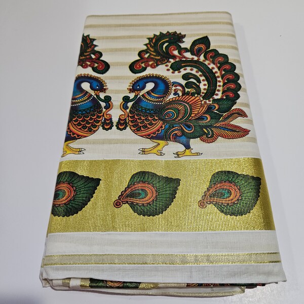 Tissue Silk Kerala Kasavu Saree Colorful Peacock Feather Print main image 1