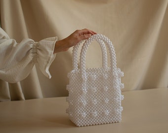 Vintage Bead Bag with Pearl Accents - Elegant Ivory Evening Bag, Bridal Gift Box and Best Friend's Luxury Gift Box