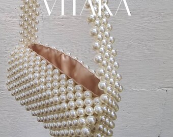 Tote bag for woman Luxury shrimps bag Ivory pearl beaded bag, Shoulder bag Ita bag Bridal wedding bag Customized bag with satin lining