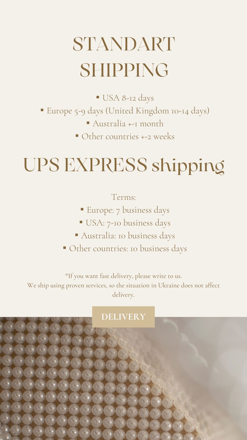 May include: A white background with brown text outlining shipping information for standard and express shipping options. The text includes estimated delivery times for the United States, Europe, Australia, and other countries. The text also includes the phrase "UPS Express Shipping" and "Delivery".