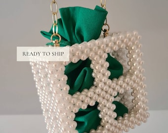 Wedding white bridal bag,Tote pearl beaded bag, Green luxury  handbag,Dnd dice bag, Wedding custom bag, Shrimps bag,Valentines wifes gift