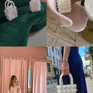 May include: Four white beaded handbags with a square shape and a top handle. The handbags are shown on a green velvet chair, a pink velvet chair, and in the hands of a person wearing a pink dress and a person wearing a blue dress.