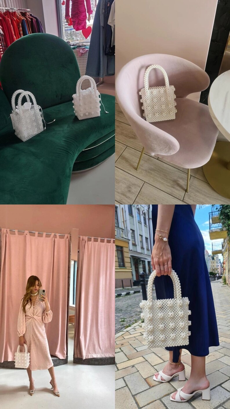 May include: Four white beaded handbags with a square shape and a top handle. The handbags are shown on a green velvet chair, a pink velvet chair, and in the hands of a person wearing a pink dress and a person wearing a blue dress.