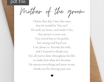 Mother of the groom gift from son, Mother in law wedding gift from bride, Mother of the groom gift from bride, Wedding details card