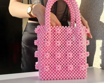Tote shrimps bag, Pearl bead pink bag, Luxury bag, Kawaii cute bag, Vintage Pearl  Pink Handbag, Wedding anniversary gift from husband