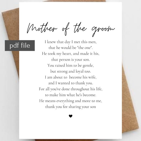 Mother of the groom gift from son, Mother in law wedding gift from bride, Mother of the groom gift from bride, Wedding details card