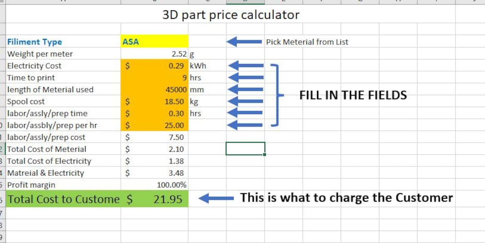Accurate 3D Print Cost Calculator EXCEL Template Etsy